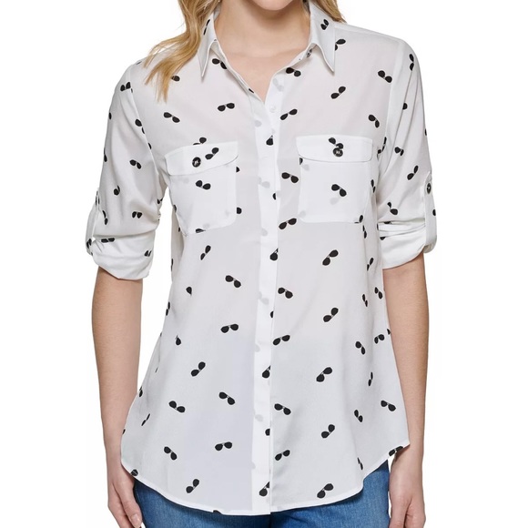 Karl Lagerfeld Tops - Karl Lagerfeld White Black Sunglasses Roll Tab Sleeve Button Up Collar Blouse XS
